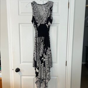 Elegant Asymmetrical Black and White Paisley Dress